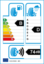 Úspora: B, Priľnavosť: D, Trieda hluku: 3 - 74dB Úspora: B, Priľnavosť: D, Trieda hluku: 3 - 74dB
