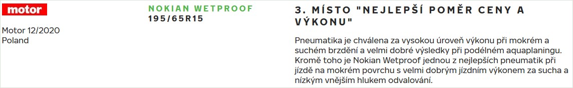 Nokian Wetproof - výsledok testu Motor