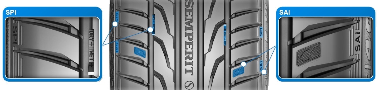 Semperit Speed Life 2 - Označenie indikátorov SPI a SAI Značky indikátorov SPI a SAI sú 3x umiestnené v ramennej oblasti bočnice